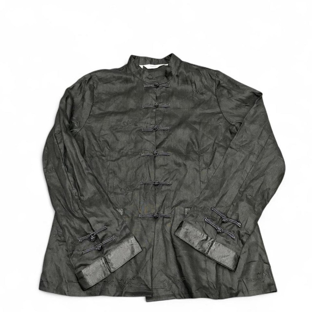 Ishyu Shirt Large Black Linen Mandarin Collar Frog Toggle Embroidered Japandi